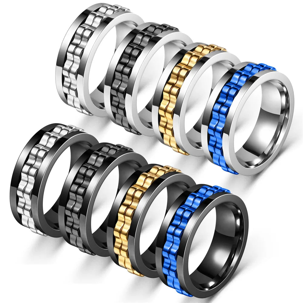 Rotating Gear Chain Fidget Ring for Men – Stress Relief Stainless Steel Punk Ring