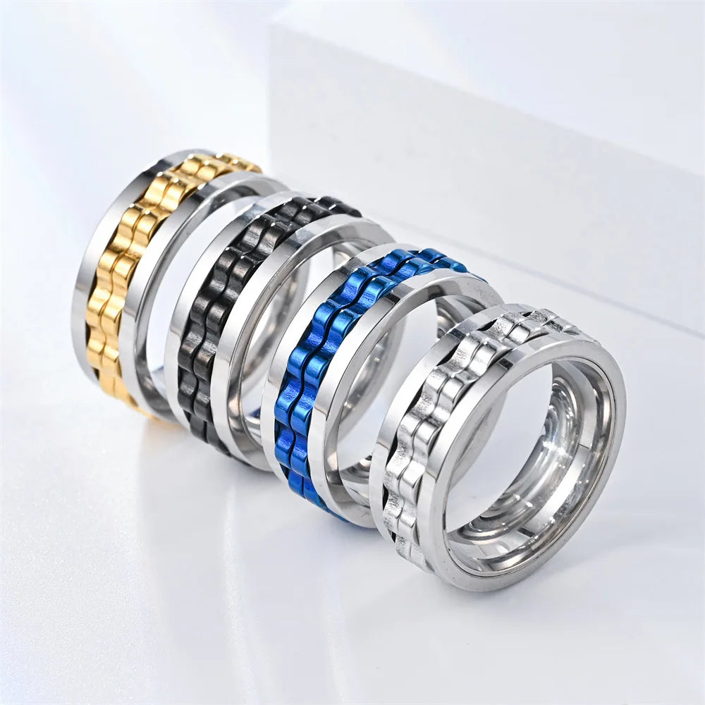 Rotating Gear Chain Fidget Ring for Men – Stress Relief Stainless Steel Punk Ring