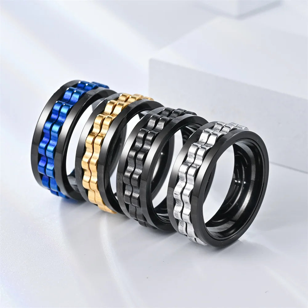 Rotating Gear Chain Fidget Ring for Men – Stress Relief Stainless Steel Punk Ring